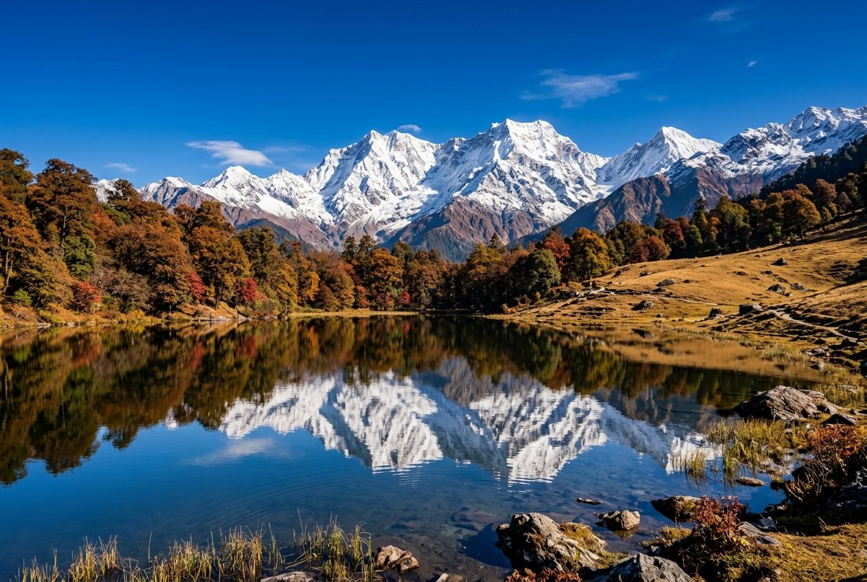 Chaukhamba peaks reflected in Deoria Taal
