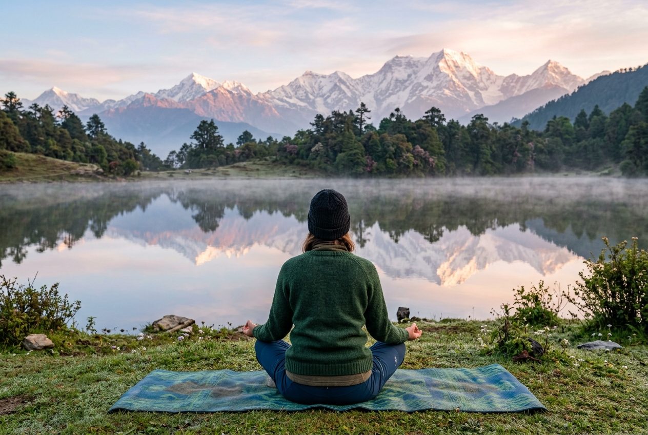 Morning meditation on the lakeshore at sunrise