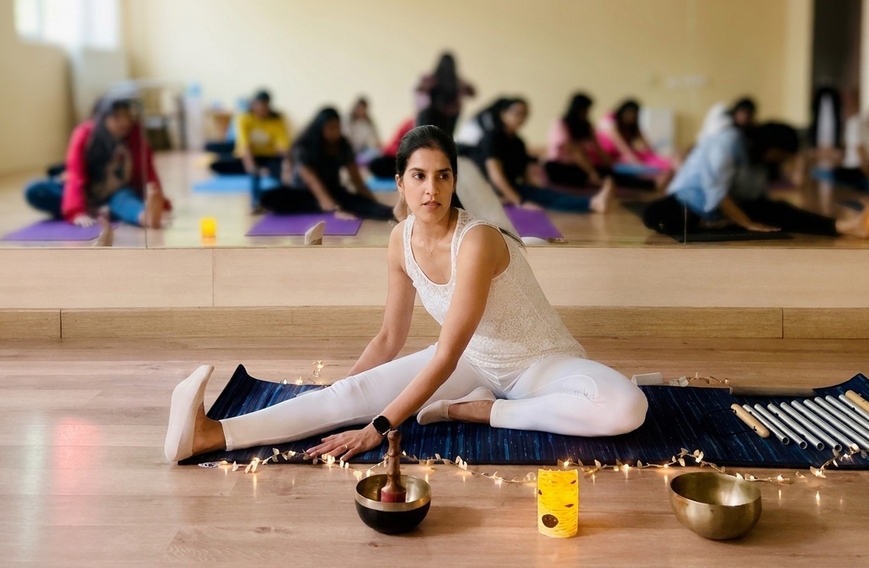 Priyanka Pahwa seated on her mat in the studio with singing bowls and candles